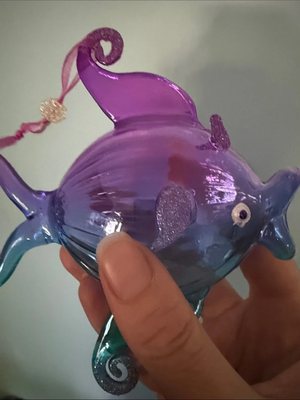 Pier 1 Purple and Teal Blown Glass Fish Ornament